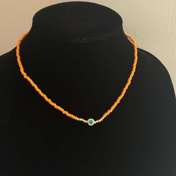 Orange Beaded Necklace with Blue Accent - Picture 2 of 4
